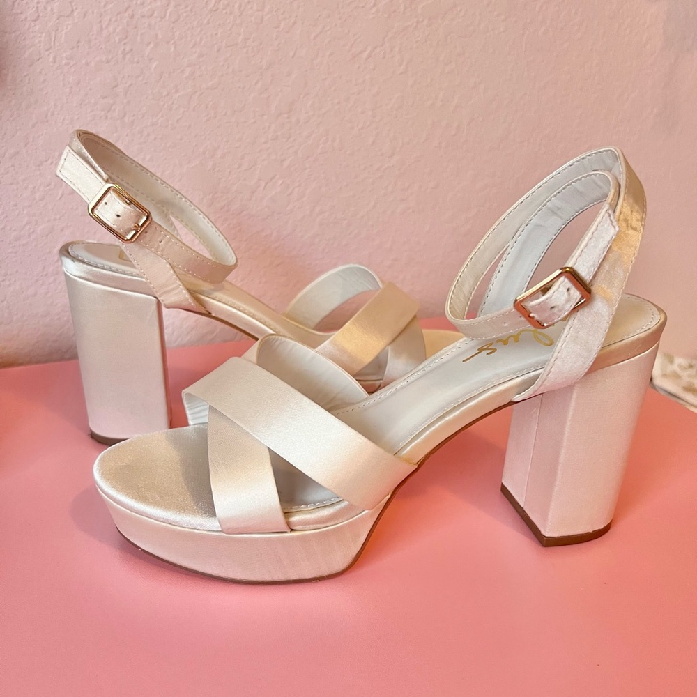 Selah Champagne Satin Ankle Strap Block Heels by Lulus